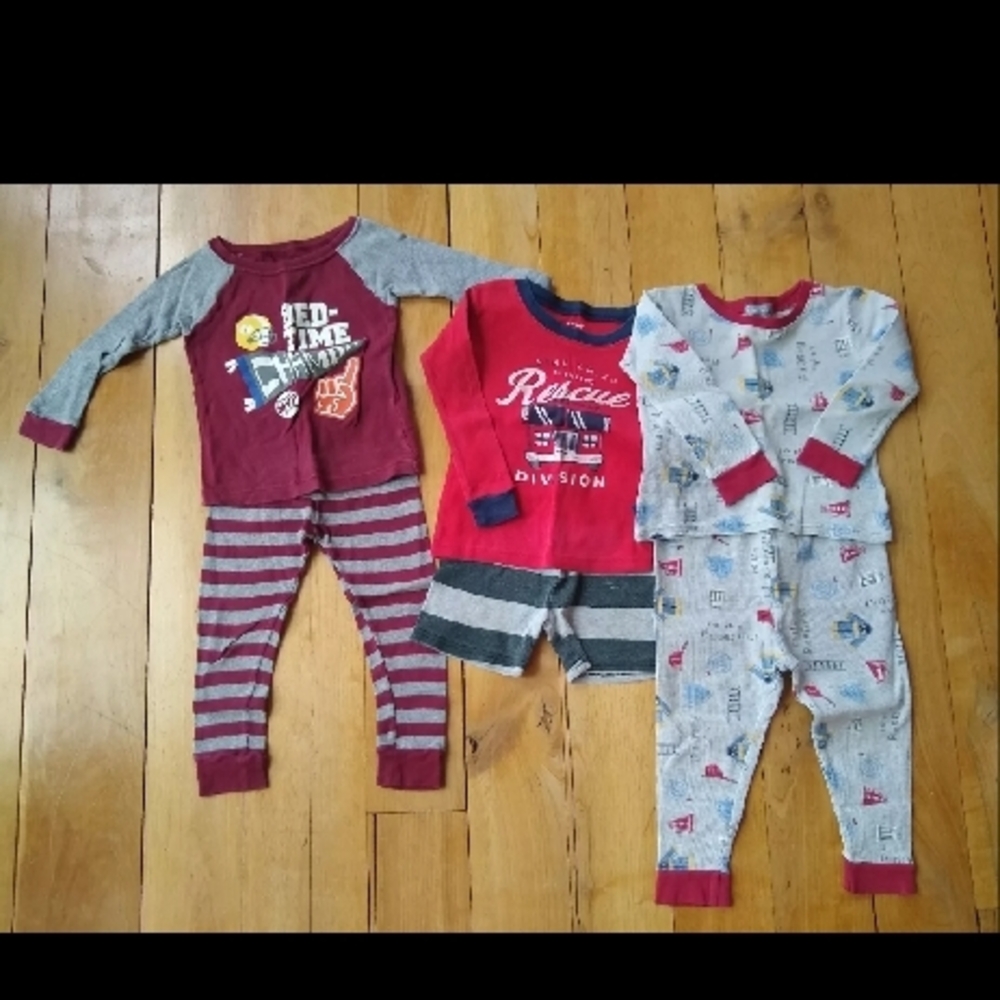 LOT OF 3 2T Boys Pajamas 100% Cotton Fire Truck PJs